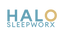 HALO SLEEPWORX logo with 'HALO' in blue and 'SLEEPWORX' in blue on a transparent background